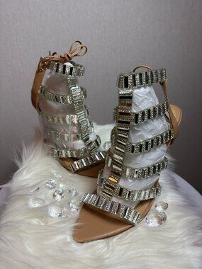 ShoeDazzle Jaydinne Nude Dress Sandals, Size 8.5, Mirror-Style Strappy Heels